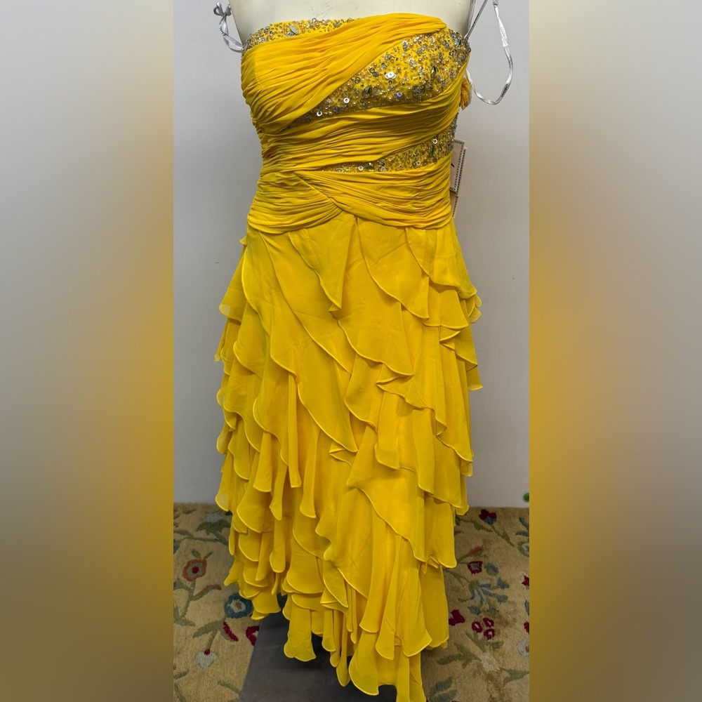 Adna Yellow Strapless Ruched Gown with Asymmetrical Ruffles and Stones
